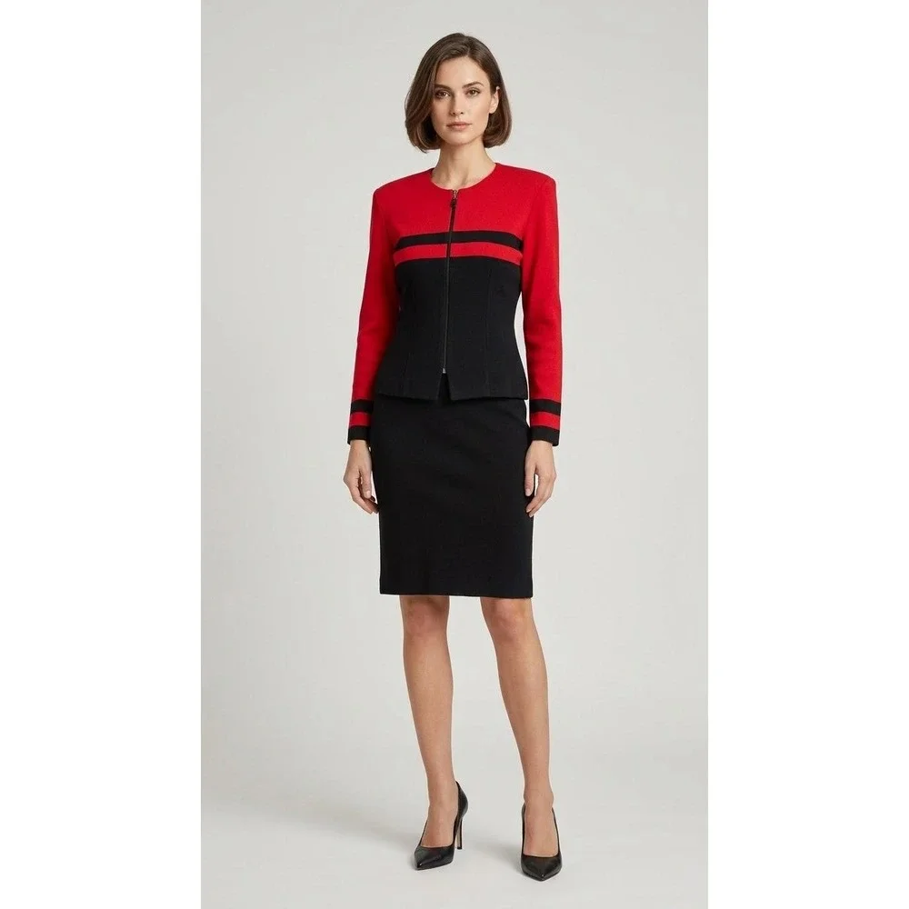 Positive Attitude Skirt Suit Women Small Red Black Colorblock Jacket Pencil Set